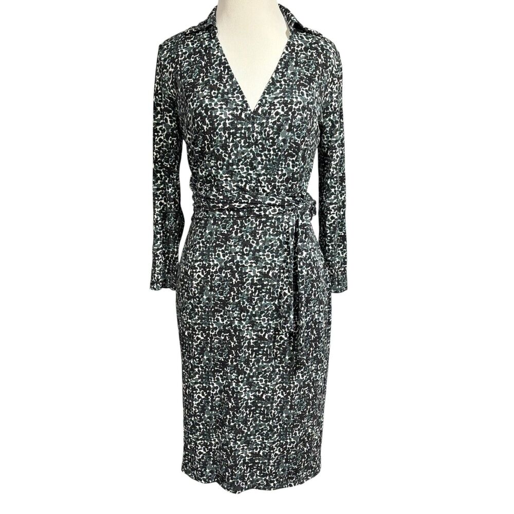 Ann Taylor Leopard Print Wrap Dress Size 2 Black Green Belted Long Sleeve Career